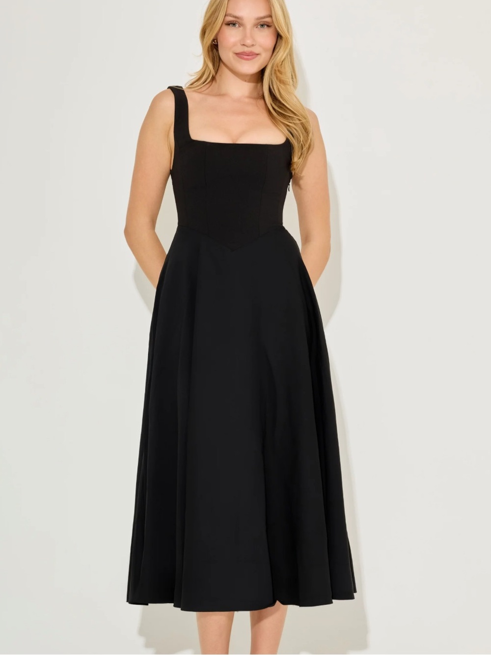 Odd Muse The Ultimate Square Neck Midi Dress in Black - Picture 2 of 11